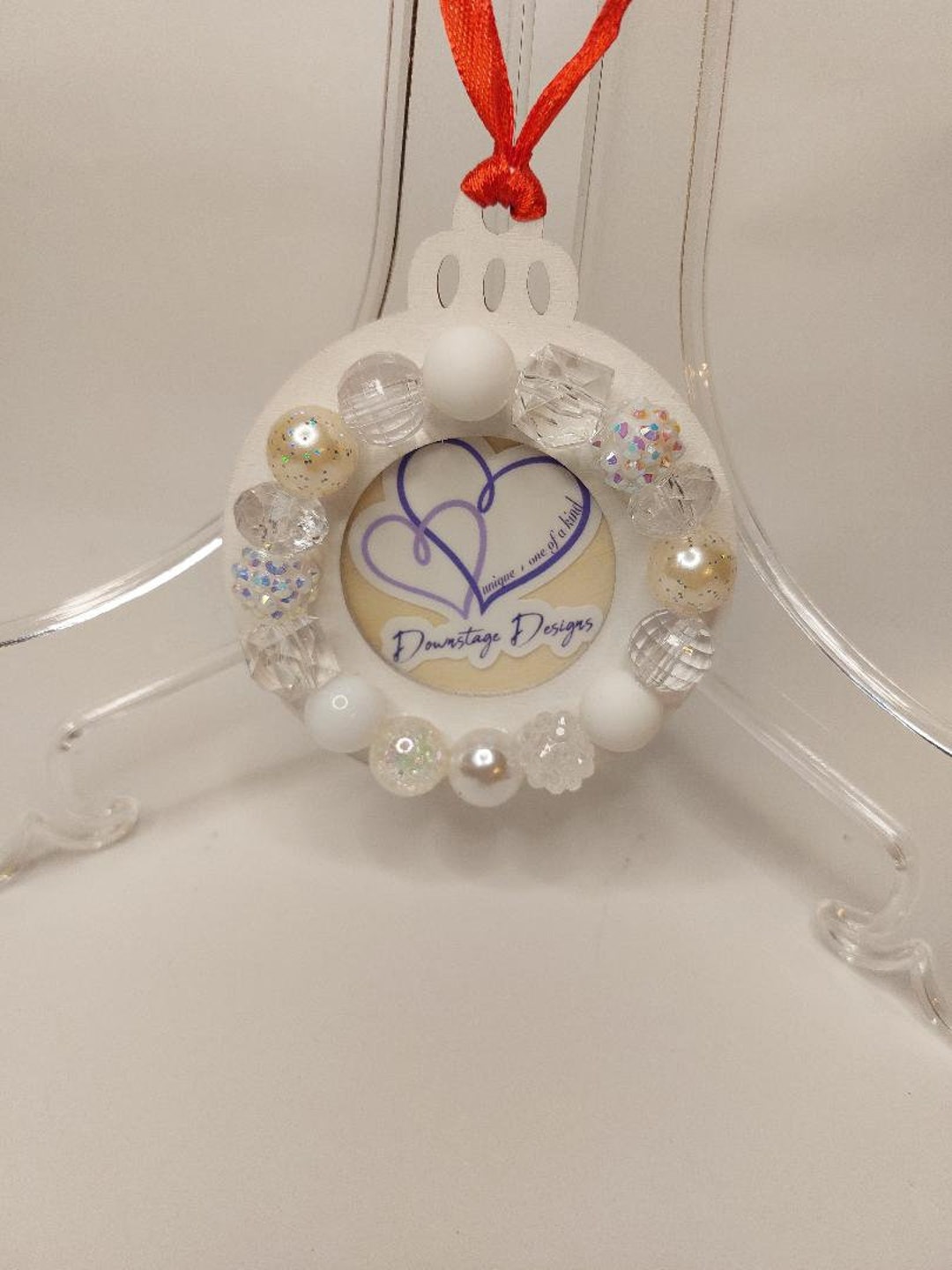 Mini Ornament Frame, snow & Ice Inspired Small Bead Design on a White
