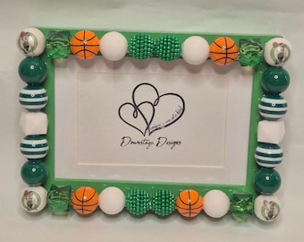 Frame, Boston Celtics inspired large bead Horizontal design on a 4x6 green frame