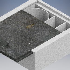 May include: A concrete box with a removable lid. The box has a round opening and several compartments inside. The lid is made of a dark gray material with a rough texture.