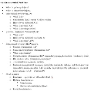 Può includere: Un foglio di carta bianco con testo nero che delinea i diversi tipi di problemi intracranici acuti. Il testo include informazioni su lesioni primarie e secondarie, pressione intracranica (ICP), pressione di perfusione cerebrale (CPP) e lesioni alla testa.
