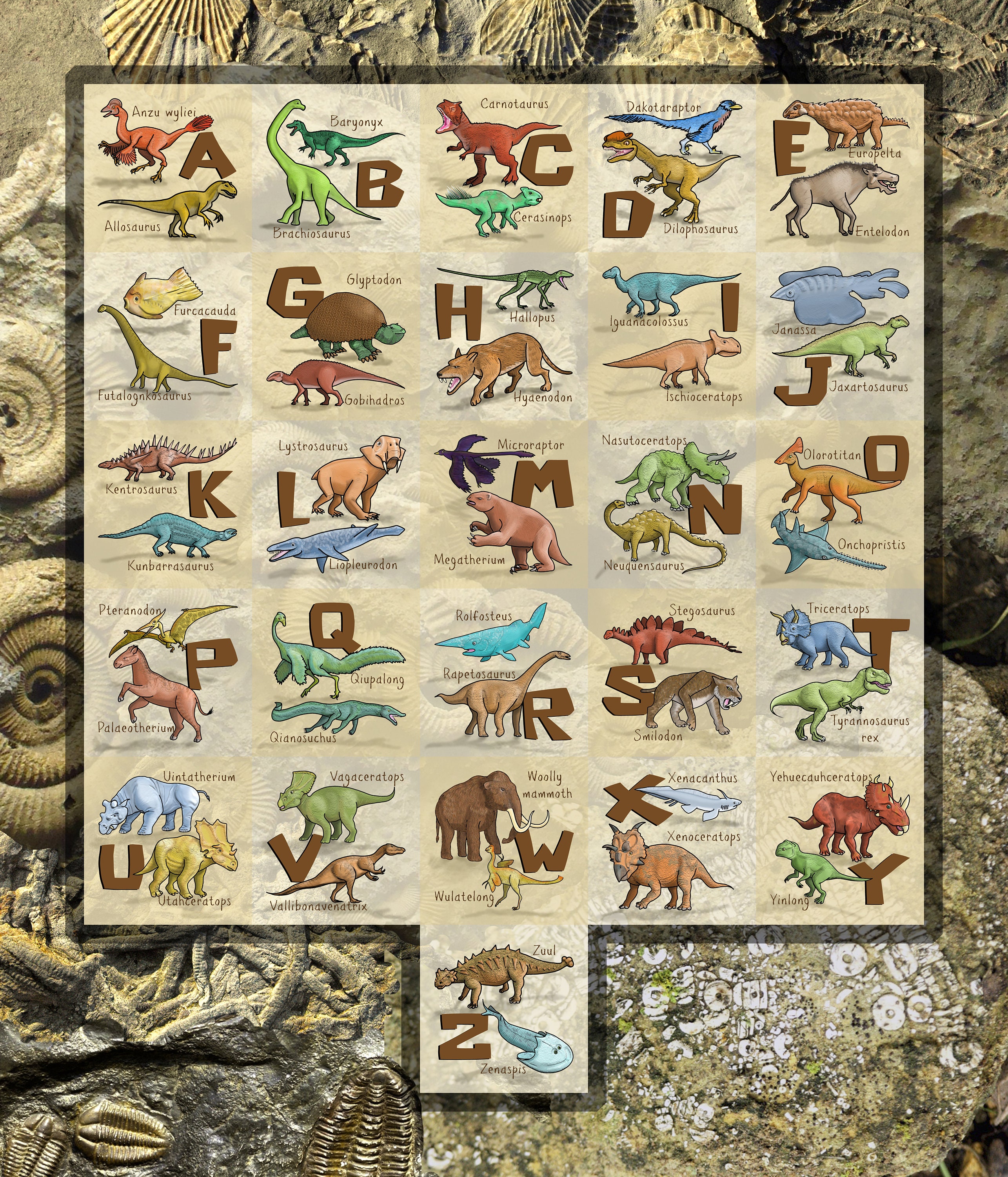 Prehistoric Animals Alphabet Fabric Panel Suitable for Quilt