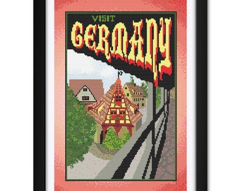 May include: A vintage travel poster with a red, yellow and black colour scheme. The poster says "Visit Germany" and features a view of a small German town with a clock tower.