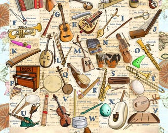 Könnte beinhalten: Eine detaillierte Illustration verschiedener Musikinstrumente, darunter Akkordeon, Gitarre und Saxophon, die jeweils mit einem Buchstaben gekennzeichnet sind. Der Hintergrund zeigt eine Karte und Noten. Die Wörter "Name?" und "Date?" stehen unten.