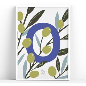 Ó para azeitonas | Impressão artística | Decoração de Casa | Presente para bebê | Presente infantil | A4 | A3 | Crianças | Arte de parede | Alfabeto | Letra O | Quarto Infantil | Diversão | Sem moldura