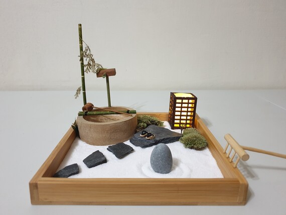 Mini Zen Garden With Japanese Bamboo Water Fountain Wabi Sabi - Zen Garden Fountain Tabletop Mini Zen Garden With Japanese Bamboo Water Fountain Wabi Sabi - Zen Garden Fountain Tabletop