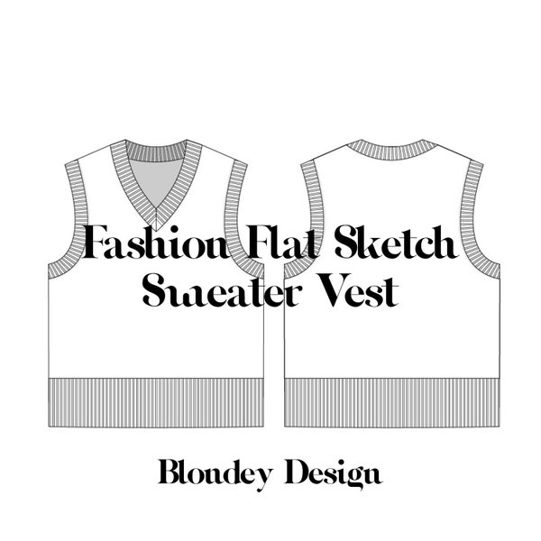 Sweater Vest flat vector technical drawing illustration mock-up template for design and tech packs fashion CAD