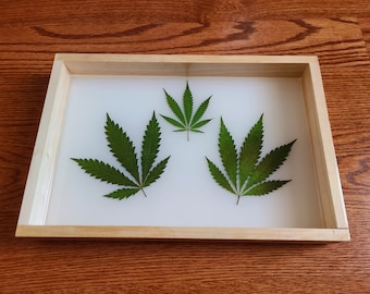 Ashtray Made With Pressed Hemp Leaf Preserved in Epoxy Resin Handmade Ashtray Real Dried Leaves