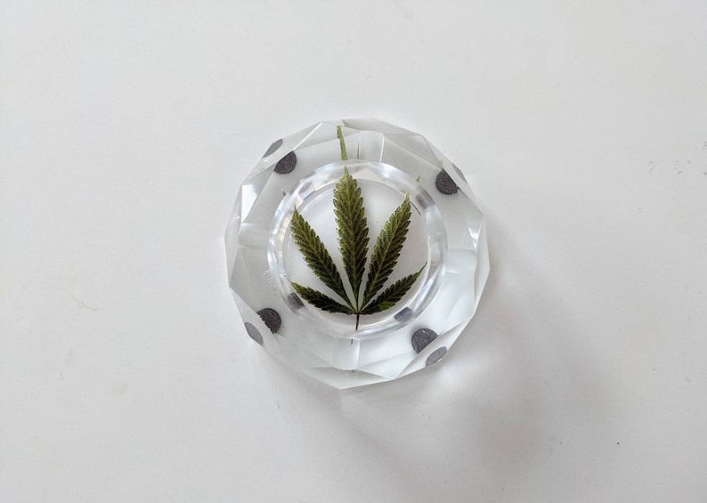 Ashtray Made With Pressed Hemp Leaf Preserved in Epoxy Resin Handmade Ashtray Real Dried Leaves