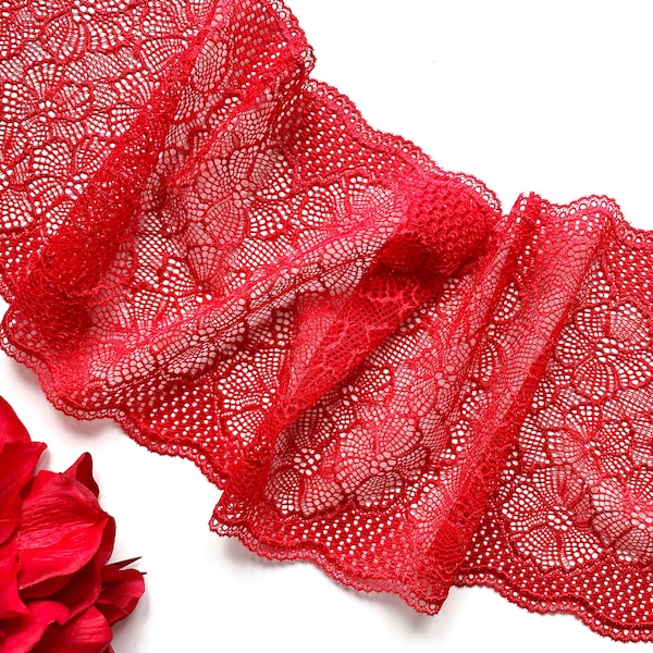 Pizzo ultra rosso per cucire biancheria intima, finiture in pizzo elasticizzato rosso vivo, bellissimo pizzo elasticizzato per lingerie, cucito artigianale largo 19 cm (7 1/2 in)