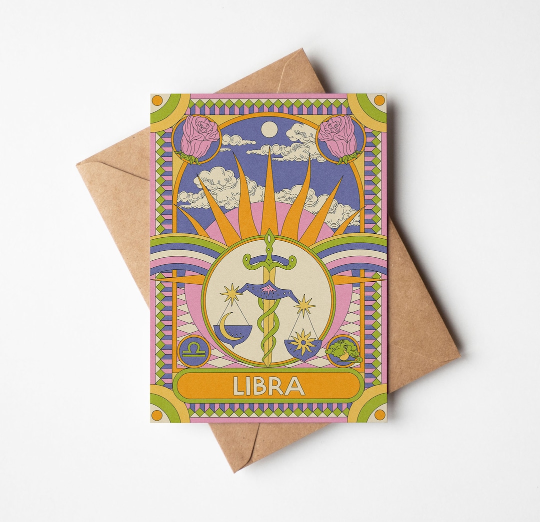 Libra Retro Libra Zodiac Card: Boho Retro Astrology Birthday Card - Etsy