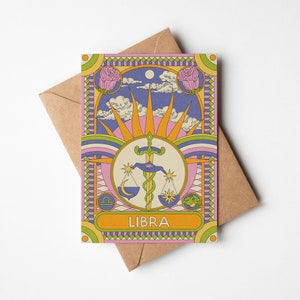 Balance signe astrologique A6 Boho rétro zodiaque céleste carte de voeux avec enveloppe kraft (brun) | 100 % recyclé | Carte d'astrologie | Carte d'anniversaire