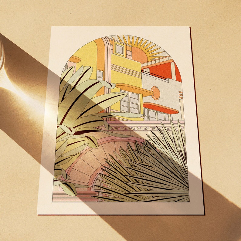 OMG Kitty print - Miami Art Print - Mid-Century Modern Buildings & Plants - A4, A3 Sizes - Retro Home Decor Poster