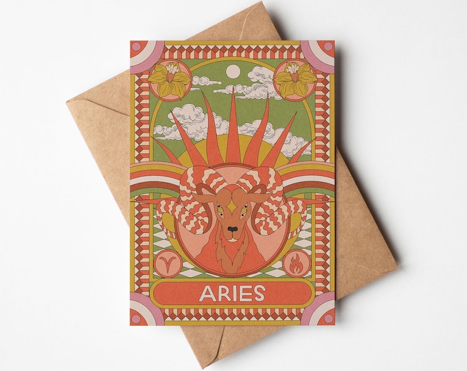 Aries Zodiac Card: Boho Celestial Astrology with Kraft Envelope