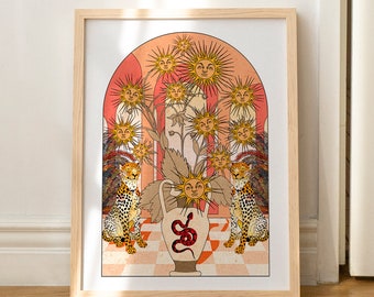 Whimsical Sunflowers Print - Illustrated Botanical Wall Art - Boho Retro Minimalist Decor - A3 A4 Size