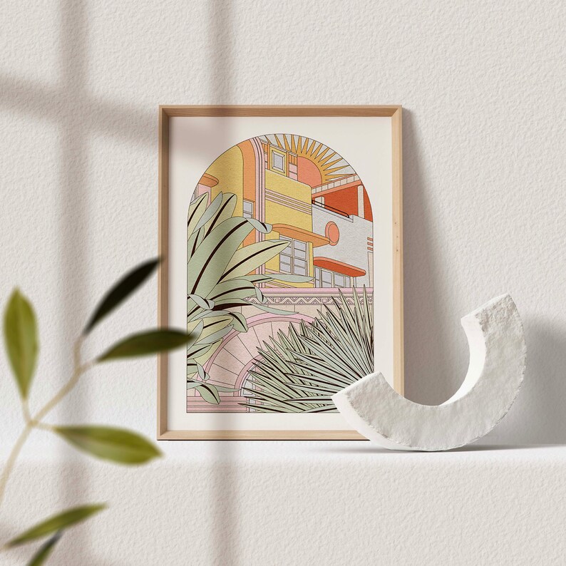 OMG Kitty print - Miami Art Print - Mid-Century Modern Buildings & Plants - A4, A3 Sizes - Retro Home Decor Poster