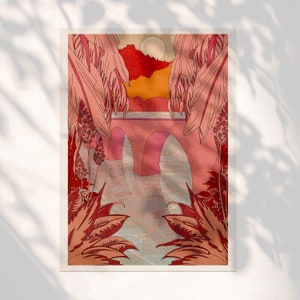 Arte Boho Retro Rosa - Impressão de Arte Palm Bridge - Ilustração da Natureza da Lua Boho - Pôster de Decoração de Parede A4 A3