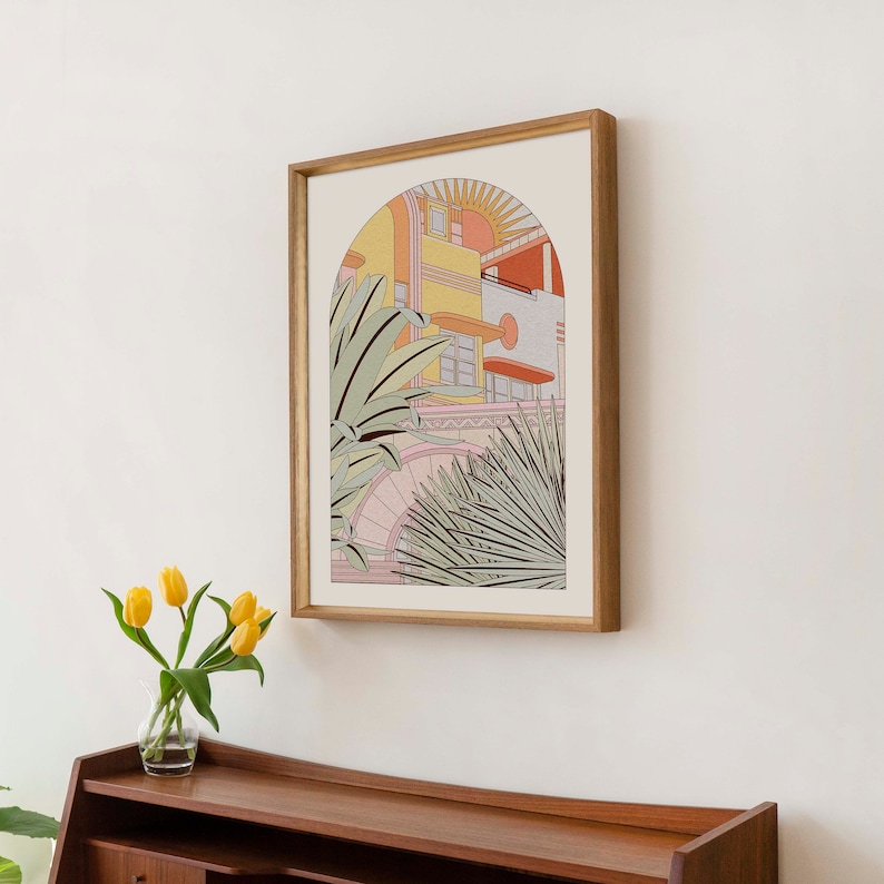 OMG Kitty print - Miami Art Print - Mid-Century Modern Buildings & Plants - A4, A3 Sizes - Retro Home Decor Poster
