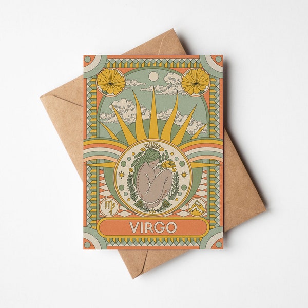 Virgo Zodiac Card: Retro Boho Starsign, Recycled A6 Birthday Card