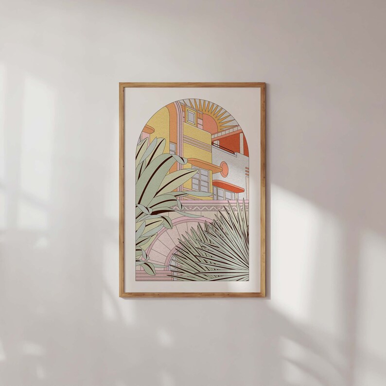 Miami Art Print - Mid-Century Modern Buildings & Plants - A4, A3 Sizes - Retro Home Decor Poster