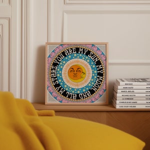 Quadratischer Kunstdruck mit Sonne, Mond und Sternen - Celestial Wall Decor - Quadratisches Poster