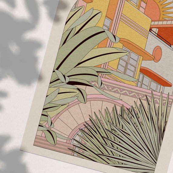 Miami Art Print - Mid-Century Modern Buildings & Plants - A4, A3 Sizes - Retro Home Decor Poster