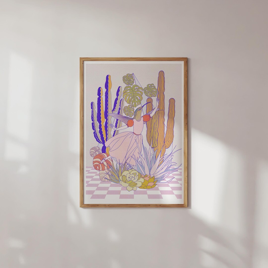 Whimsical Hummingbird Lady Art Print - Surreal Boho Botanical Wall ...