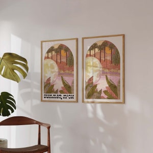 Impressão artística da lua de verão - pôster de piscina de palmeira celestial - arte de parede boho de meados do século - tamanhos A4, A3