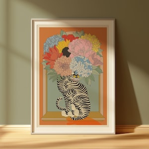 Impresión artística de jarrón con tigre floral - Decoración del hogar bohemia - Póster de bellas artes A3, A4