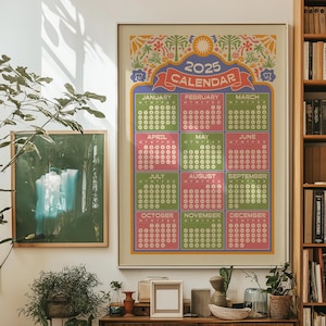 Calendario impreso para el año 2025: impresión artística de estilo bohemio moderno, tamaños A4, A3, A2, A1, calendario planificador de pared para oficina de 12 meses