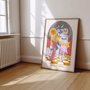 The Sun and the Moon Art Print - Celestial Tarot Card Inspired | Retro Boho Home Decor | A3 A4 Illustrated Wall Art
