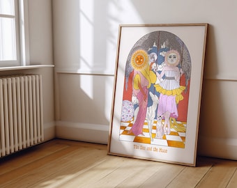 Celestial Sun and Moon Tarot Art Print: Retro Boho Decor