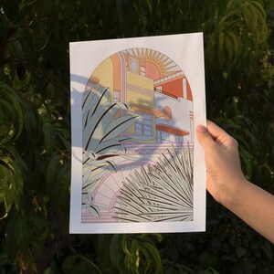 OMG Kitty print - Miami Art Print - Mid-Century Modern Buildings & Plants - A4, A3 Sizes - Retro Home Decor Poster