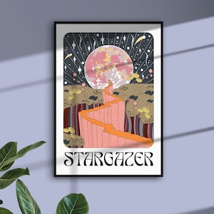 Lámina de Stargazer: oráculo de cartas del tarot celestial, estrellas del cielo nocturno ilustradas, decoración del hogar en tamaño A4 y A3, póster retro bohemio