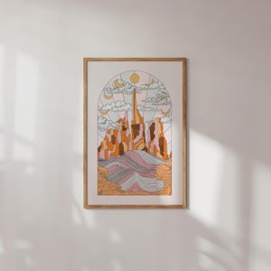 Impressão de arte nas montanhas - Ilustração da natureza retrô - Pôster vibrante A4/A3 - Decoração Boho Sun Moon