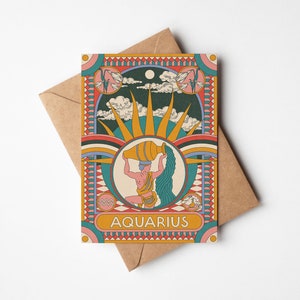 Carte de voeux céleste A6 Boho Zodiac Aquarius Starsign avec enveloppe Kraft (brun) | 100 % recyclé | Carte d'astrologie | Carte d'anniversaire