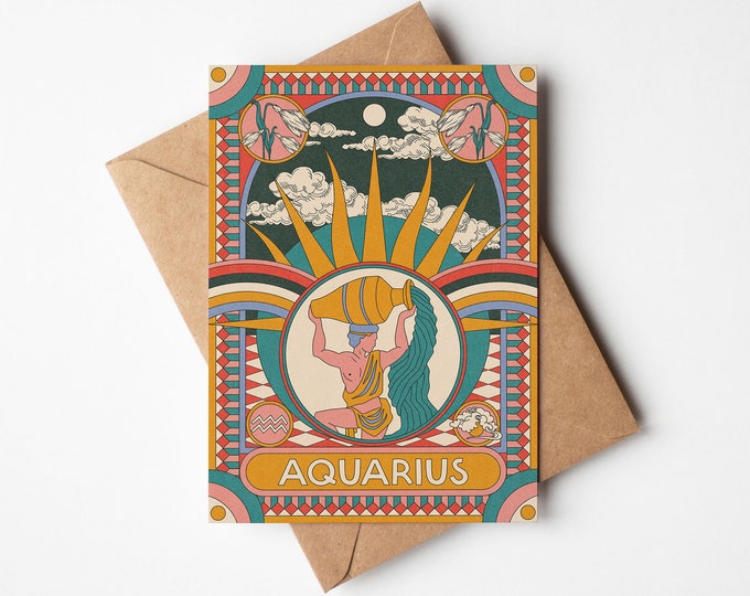 Aquarius Zodiac Card: Boho Celestial Birthday Card (Recycled)