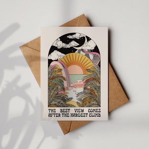 La meilleure vue après l'ascension la plus difficile Carte de voeux A6 Retro Boho Sun céleste avec enveloppe kraft (brun) | 100 % recyclé