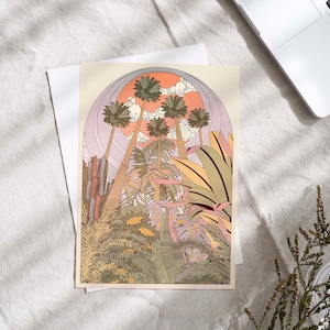 Looking Up Art Print - Illustrated Botanical Wall Decor - Pink Greenhouse Palm Trees - A3 A4 Sizes