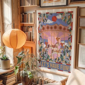 Barnrumstavla med karusellmotiv – Retro väggkonst med texten "Låt oss ha kul" (digitalt nedladdningsbart paket A2-5x7")