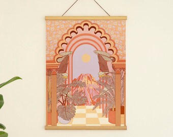Boho Mountain Art Print: Vintage Retro Pink Orange Botanical Poster