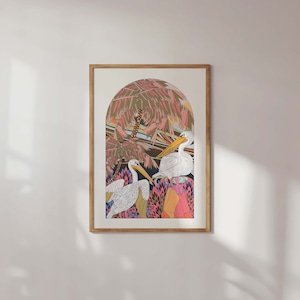 Impressão de arte de pelicanos - decoração boho de inspiração vintage - pôster A4 A3 - ilustração de pássaros retrô - arte de parede para escritório em casa
