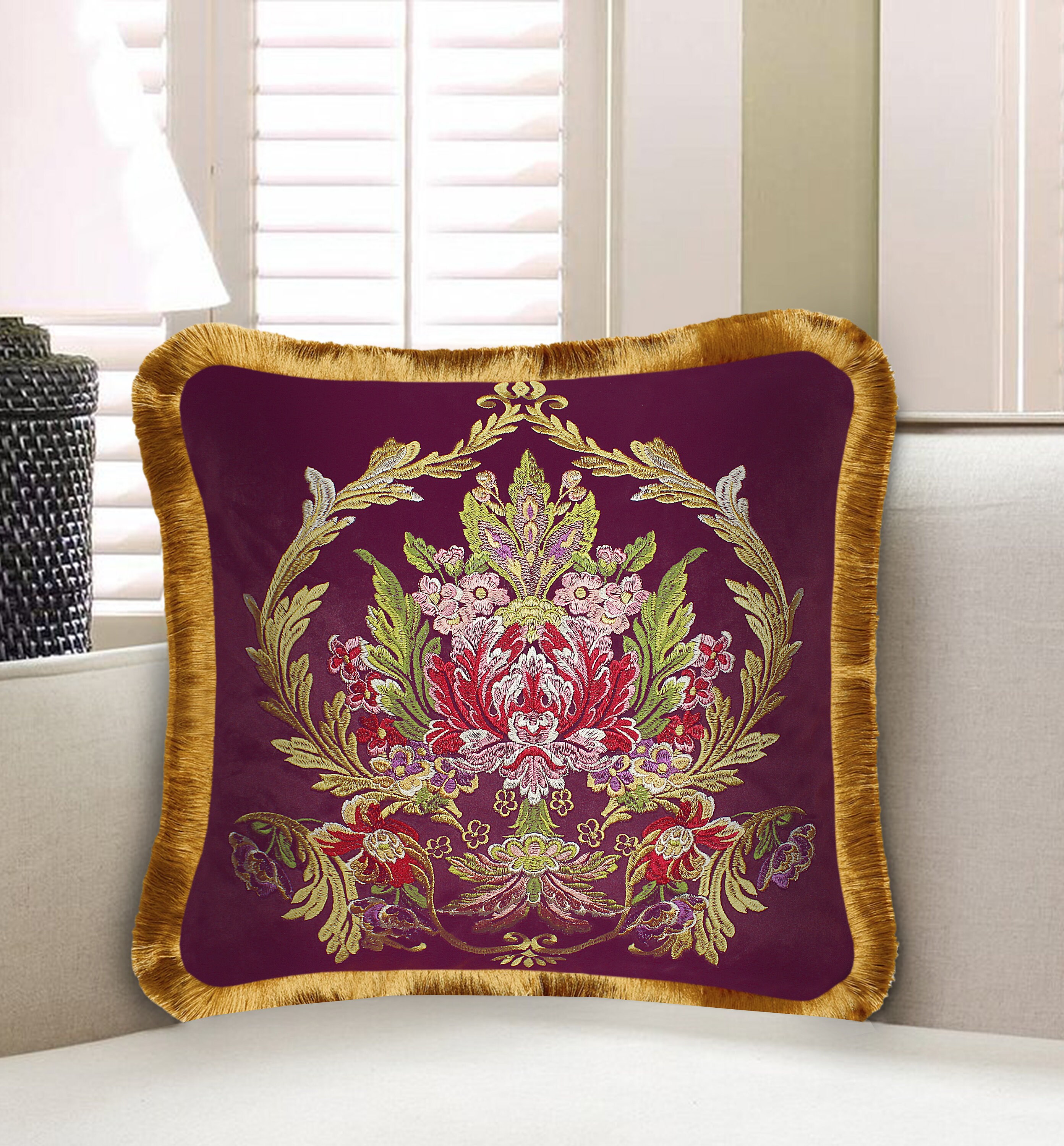 Purple Velvet Cushion Cover Baroque Style Floral Embroidery Etsy