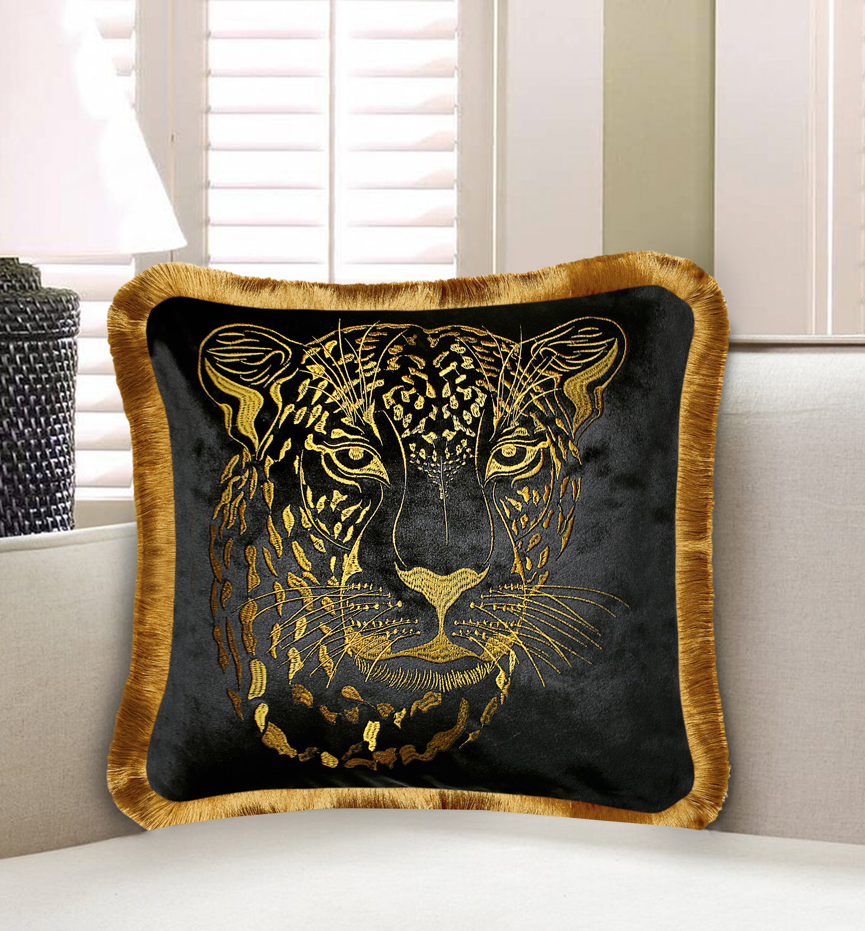 Black Velvet Cushion Cover Leopard Head Embroidery Decorative Etsy UK