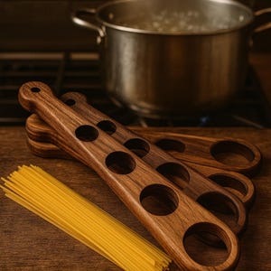 May include: Wooden pasta measuring tools with circular cutouts are arranged on a wooden surface next to a pile of uncooked spaghetti. A pot of boiling water sits on a stovetop in the background.