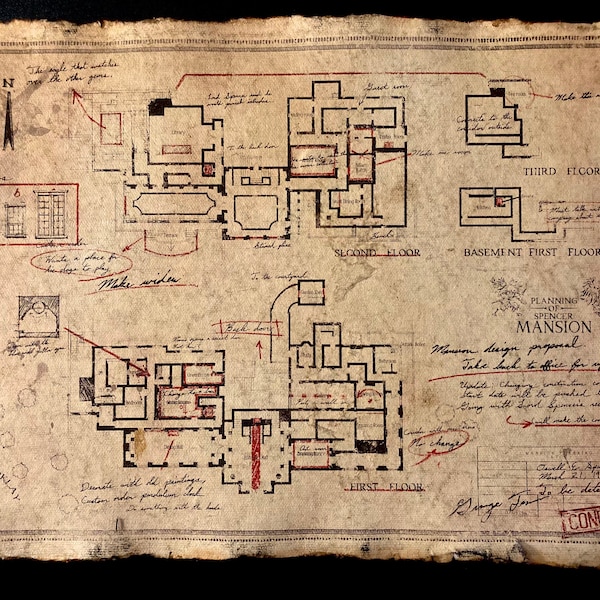 Distressed Map Replica - Spencer Mansion  - Antiqued Aged Rustic Paper - Video Game Cosplay Prop - A4 Size - Costume Weapon