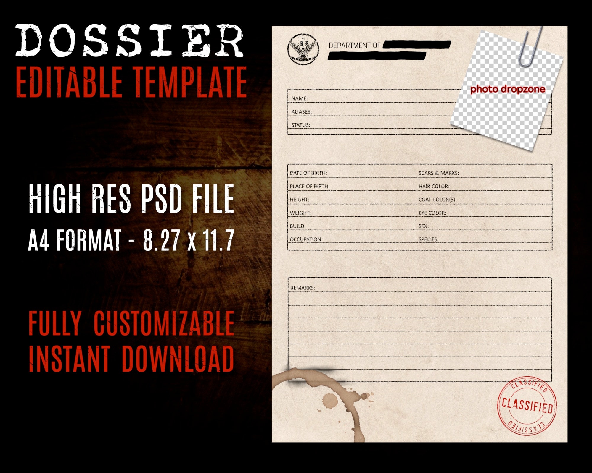 Case File Dossier Template Editable Vintage Style Distressed Stained Paper  Texture 