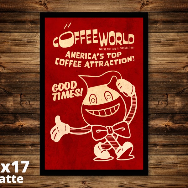 Coffee World Poster - 11x17 Art Print - Night Springs - Bright Falls - Video Game Replica - Cosplay Prop - Drippy Man - Red Distressed