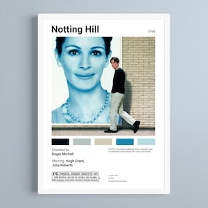 Op de afbeelding: Een filmposter voor de film "Notting Hill" met een blauw getinte afbeelding van Julia Roberts en Hugh Grant. De poster bevat de titel van de film, het releasejaar, de regisseur en de sterren.