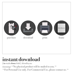 Pu&ograve; includere: Un'illustrazione grafica dei passaggi coinvolti nell'acquisto di un download digitale. I passaggi sono acquisto, download, stampa e cornice. Il testo "download istantaneo" &egrave; scritto in grassetto, seguito dalla pronuncia tra parentesi quadre e dalla parola "sinonimi". Il testo "(significato)" &egrave; seguito dal testo "Nessun prodotto fisico verr&agrave; spedito." in grassetto. Il testo "Solo per uso personale. Per uso commerciale, contattaci." &egrave; anche in grassetto.