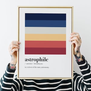 Può includere: Una stampa incorniciata con un design a strisce colorate in tonalità di blu, giallo, rosso e bianco. La stampa include la parola "astrophile" e la sua definizione: "un amante delle stelle, dell'astronomia."
